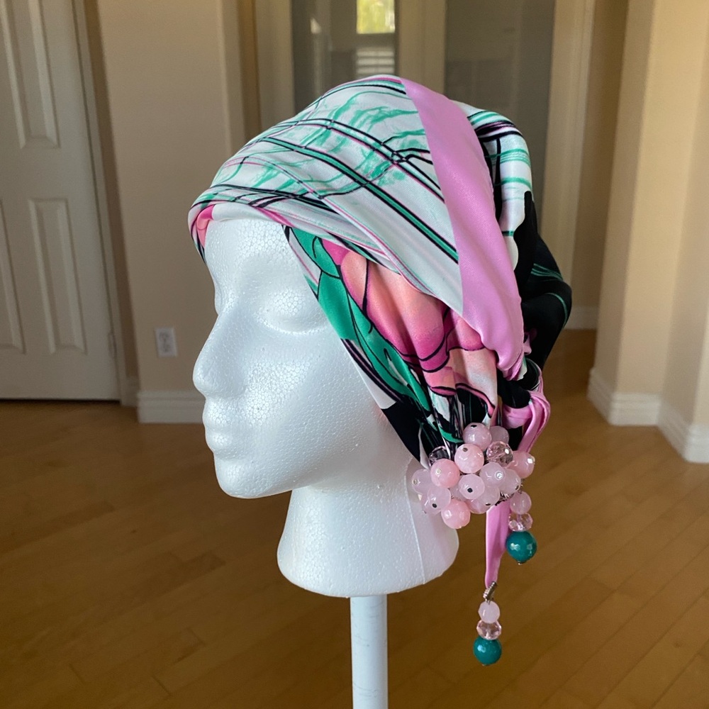 Pink and Green Scarf with Beaded Accents